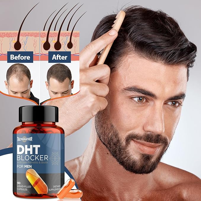 DHT Blocker for Men with Saw Palmetto & Biotin, Hair Growth Formula in Liquid-Filled Capsules, Hair Loss Supplements, Hair Regrowth Vitamins, Proprietary Herbal Blends - 90 Capsules(1 Bottle)
