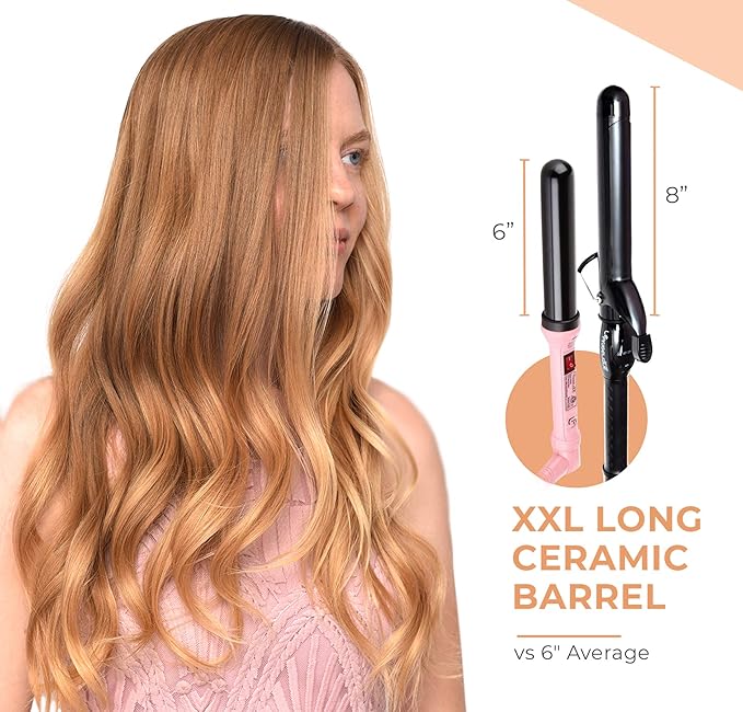 Le Angelique 1.25 Inch Curling Iron with Clip - Professional 8" Extra Large Barrel for Big Long Hair | 1 1/4" 32mm Wide Thick Ceramic Curler Wand | Adjustable Temperature | Dual Voltage