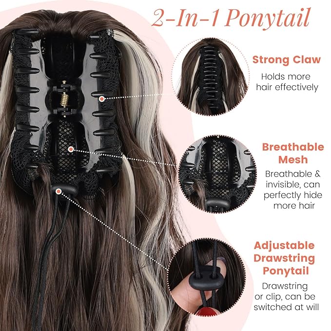 Claw Wavy Ponytail Extension 18 Inch for Women Curly Pony Tail Clip in Hair Extensions Fluffy Natural Looking Synthetic Hairpiece for Daily Use (Ash Brown with Platinum Blonde)