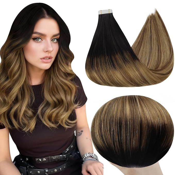 Full Shine Tape in Hair Extensions Human Hair Ombre Hair Extensions Color Off Black Fading to Chestnut Brown and Honey Blonde 20 INCH 50G Soft Remy Tape ins 20PCS for Bridal