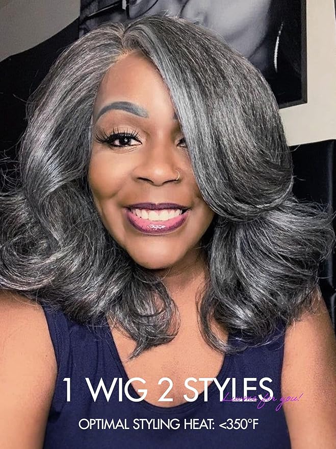 LUVME HAIR 14 Inch Grey Salt & Pepper Silky Straight Wig Human Hair Glueless HD Lace Bob Wig with Mix Grey Color, pre plucked pre cut Lace Ready to Go Wigs For Women