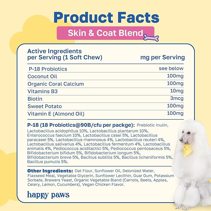 Happy Paws Skin and Coat Supplement for Dogs, Shedding & Dog Hair Growth Support for All Breeds & Ages, Made with Coconut Oil & Vitamin B12, Vegan Chicken Flavor, Organic, Non GMO, (100 Chews)