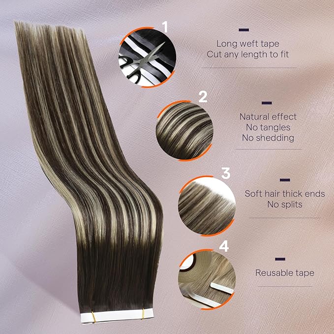 Full Shine Genius Weft Tape Weft Hair Extensions Color 2/60/2 Dark Brown Ombre Blonde And Brown 24Inch Long Wide Tape in Hair Extensions for Women 50G One Piece Full Head Bridal Hairstyles Soft