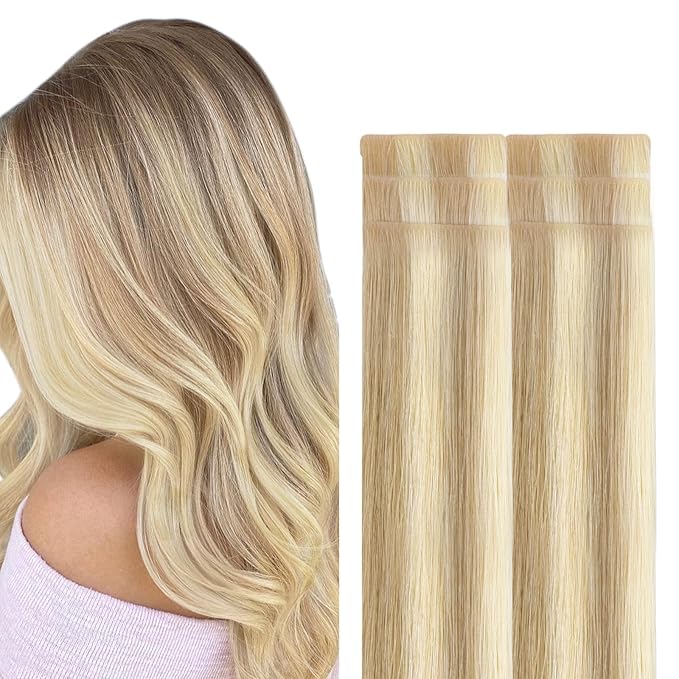 GOO GOO Invisi Edge Tape in Hair Extensions Human Hair, 18A/613A Dark Blonde Highlighted Bleach Blonde, 6pcs 22inch 18g, Virgin Remy Hair, Seamless Injected Tape, Natural Look