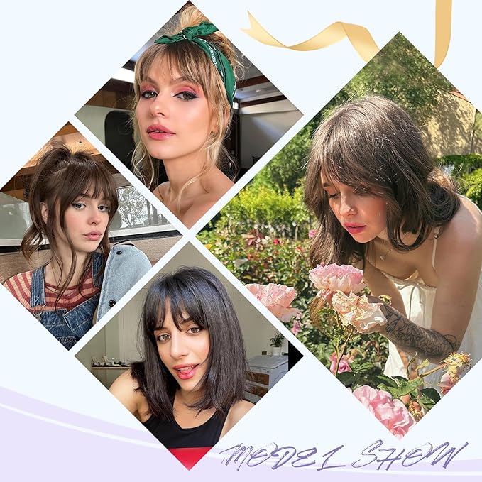 Wispy Bangs Hair Clip, 100% Human Hair Clip In Brown Bangs for Women, Soft Layered Fake Bangs with Feathered Fringe, Easy Clip-On Design for Daily Wear & Halloween
