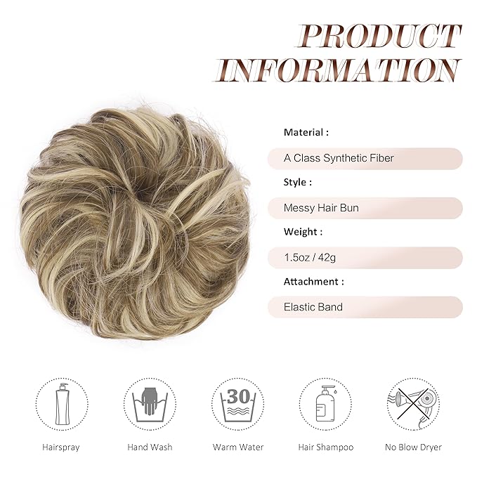FESHFEN Messy Bun Hair Piece - Elastic Wavy Curly Hair Bun Scrunchies Extensions Synthetic Chignon Hairpieces for Women, Brunette & Blonde 1.5 oz