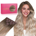 WENNALIFE Clip in Hair Extensions Real Human Hair, 14 Inch 120g 7pcs Balayage Sandy Brown to Platinum Blonde Remy Hair Natural Double Weft