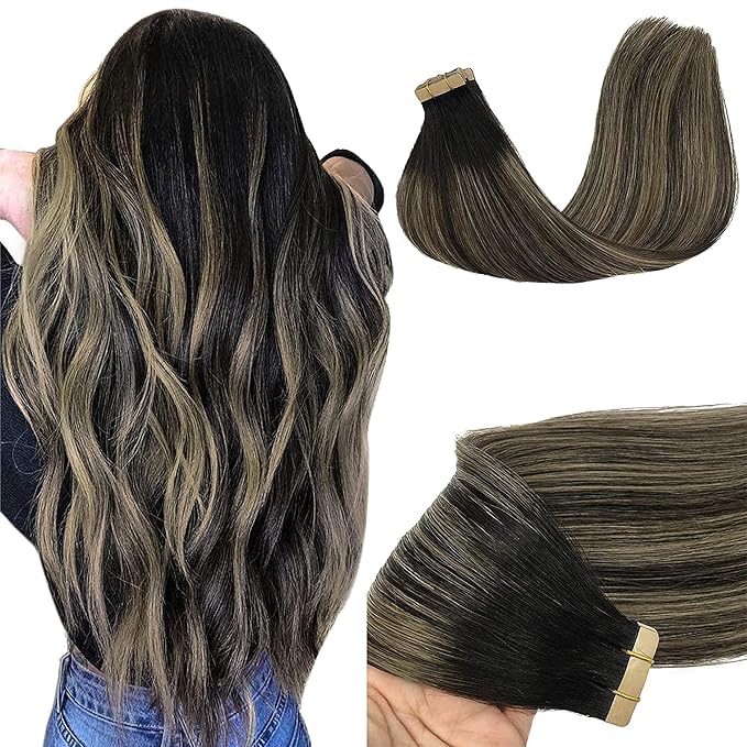 GOO GOO Tape in Hair Extensions Human Hair, 1B/19/1B Natural Black to Light Blonde, 24inch 50g 20pcs, Skin Weft Seamless Invisible, Silky Straight with Thick Ends, Remy Human Hair