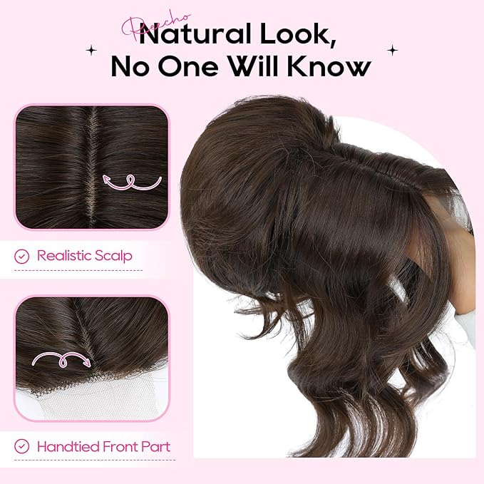 REECHO Messy Bun Hair Piece with Bangs – 2-in-1 Drawstring Ponytail Extension Updo Wig & Hair Topper with Long Side Bangs, Natural-Looking Hair Bun Hairpieces for Women - Black Brown