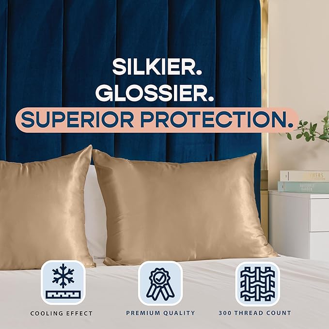 BLISSFORD Satin Pillowcase with Zipper, for Hair and Skin Care, Feels Soft and Cool Like a Silk Pillowcase, Beige Satin Pillow Cases 2 Pack, Slik Pillow Cover, Queen Size, Set of 2
