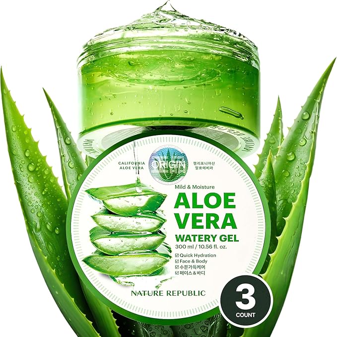 Nature Republic MILD & MOISTURE ALOE VERA WATERY GEL (3 PCS) Quick Hydration & Moisturizing,fast absorbing non-sticky texture,korean skin care for Face,Hair,Sunburn relief, aftershave, all Skin Types