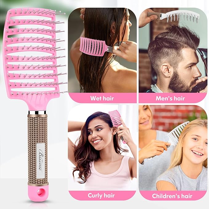 Hair Brush Set, Curved Vented Detangling Hair Brushes for Women Men Kids, Professional Vent Styling Brush for Wet Dry Curly Thick Straight Hair Fast Blow Drying Brush (Black+ White)