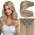 Ve Sunny Clip in Hair Extensions Real Human Hair Highlights Human Hair Clip in Extensions Dark Ash Blonde Highlights Light Blonde Human Hair Extensions Clip ins for Women Quick-Apply 5pcs 12inch 80g