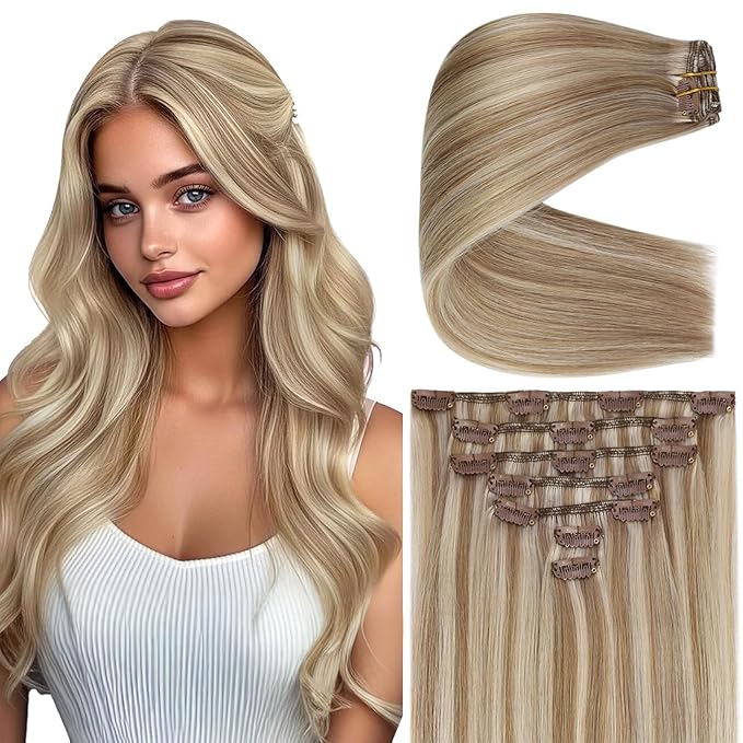 Ve Sunny Clip in Hair Extensions Highlights Human Hair Clip in Extensions Dark Ash Blonde Highlights Light Blonde Hair Extensions Clip ins Short Straight Flexible Hair for Women 7pcs 14inch 100g