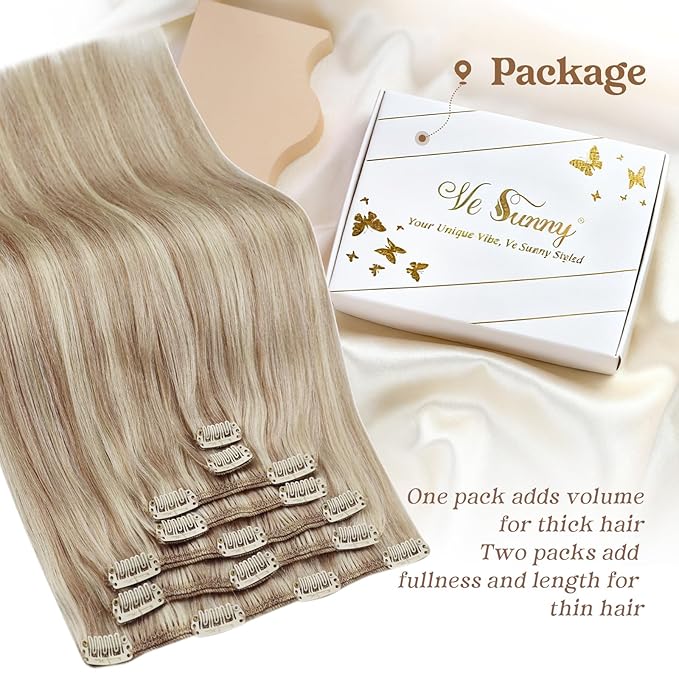 Ve Sunny Blonde Clip in Hair Extensions Real Human Hair for Women Highlight Hair Extensions Clip in Remy Human Hair Full Head Warm Color 7pcs 120g 22inch