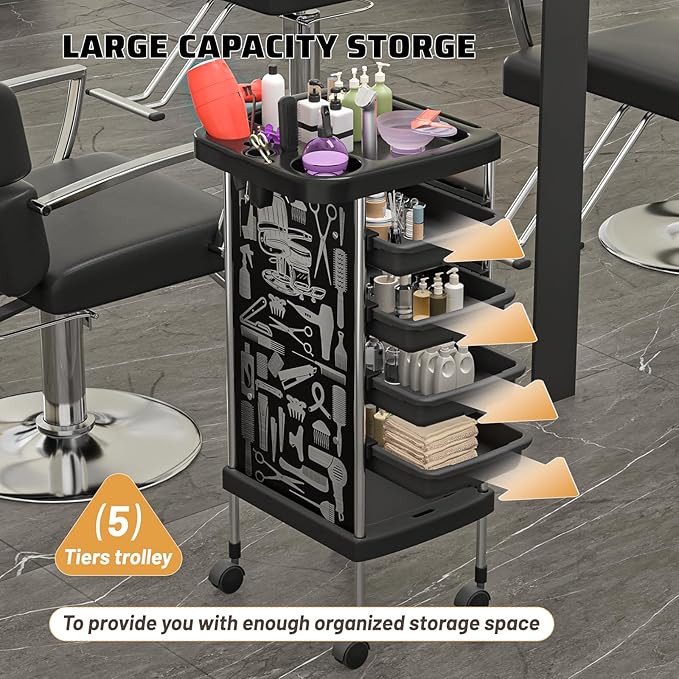 Salon Rolling Trolley with 4 Drawers/Heat-Resistent Accessories/Stainless Steel Frame Storage Tool for Barbershop Beauty Spa and Hair Salon Beauty Black