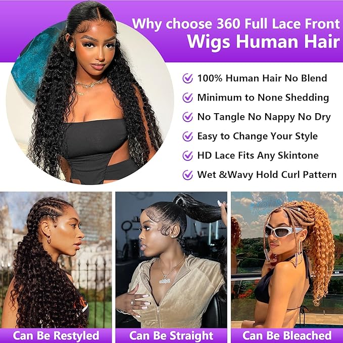 360 Deep Wave Lace Front Wigs Human Hair 200% Density 360 HD Lace Front Wigs Deep Wave Pre Plucked With Baby Hair Curly Full Lace Wig with Adjustable Straps for Women (20 Inch)