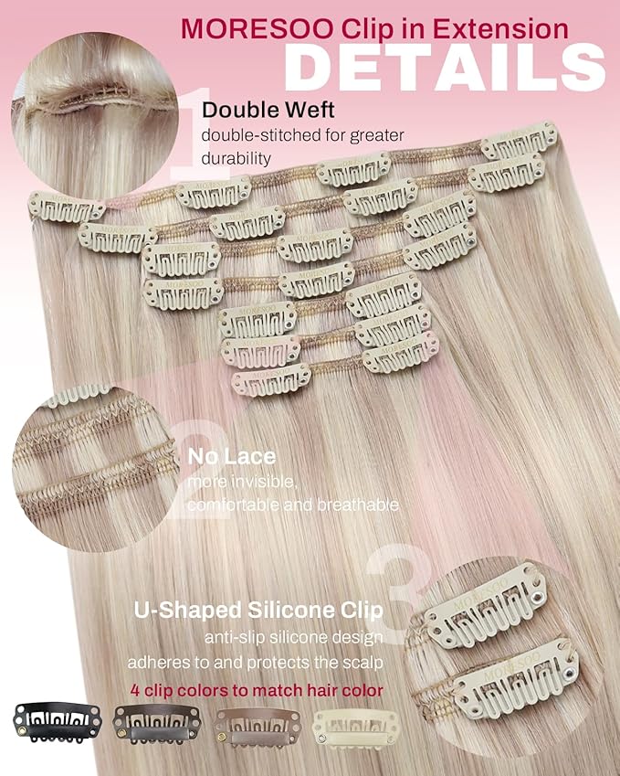 Moresoo Blonde Clip in Hair Extensions Human Hair Remy Straight Double Weft Clip in Human Hair Extensions Ash Brown Highlight with Blonde 7pcs/135g 18inch