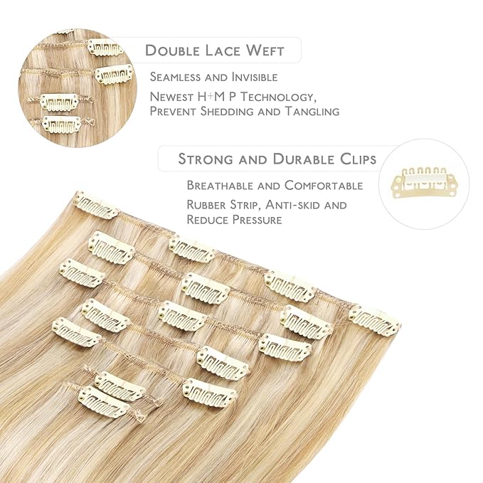 WENNALIFE Clip in Hair Extensions Human Hair 22 Inch 120g 7pcs Dirty Blonde Highlighted Bleach Blonde Hair Extensions Clip in for Women Real Human Hair Rallonge Cheveux Extensions