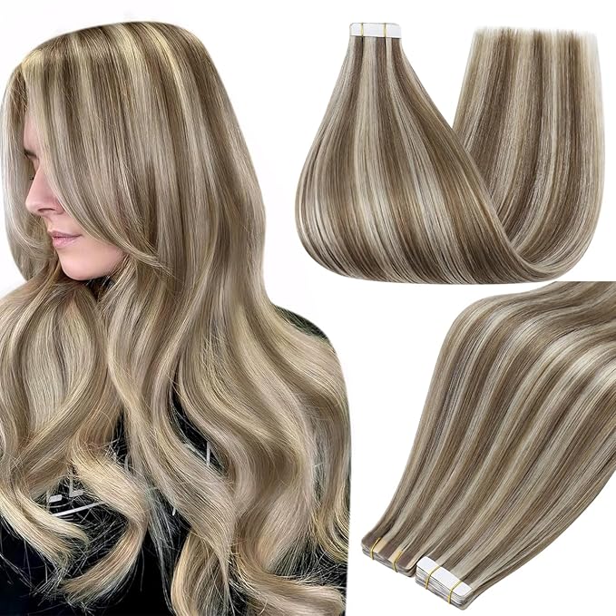 Full Shine Tape in Hair Extensions Invisible Skin Weft Straight Hair Remy Human Hair Extensions Tape ins 50Gram 18 Inch 8 Ash Brown Highlighted 60 White Blonde Seamless Hair Extensions Real Human Hair
