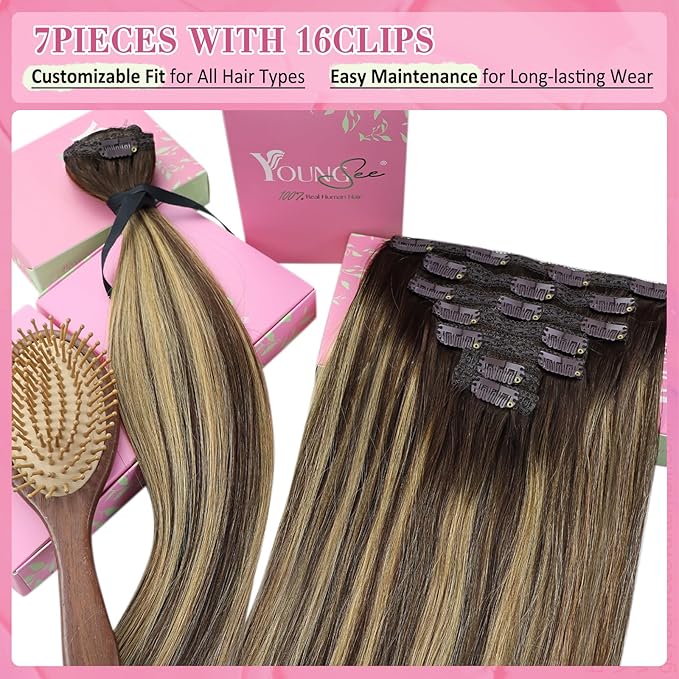 YoungSee Balayage Clip in Hair Extensions Human Hair 12inch Clip on Hair Extensions Dark Brown with Caramel Blonde Balayage Human Hair Clip in Extension for Short Hair Brown Hair Extension 7pcs 80g