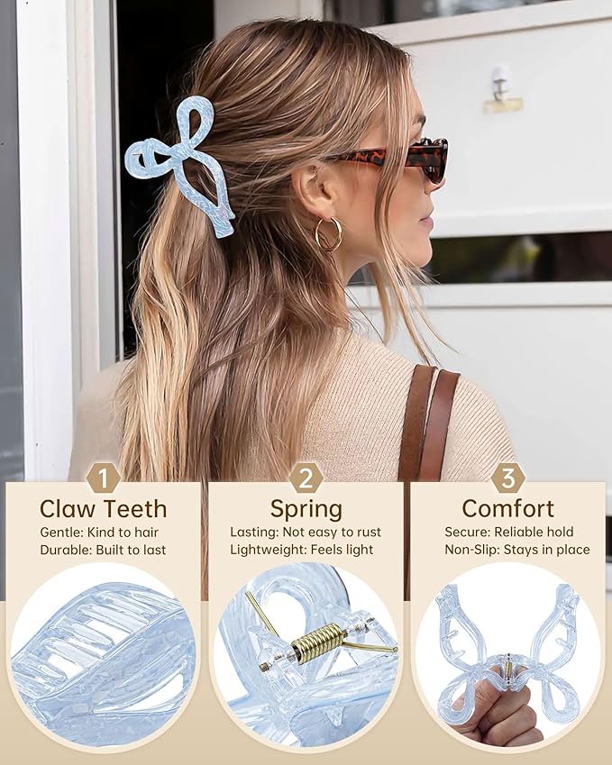 Mesovor 4 Pack Elegant Bow Hair Claw Clips, Nonslip 4.3" Large Hair Grip Hairclips for Thin and Thick | Acrylic Hair Strong Hold Hair Jaw Clamps (Mermaid Crack Colorful)