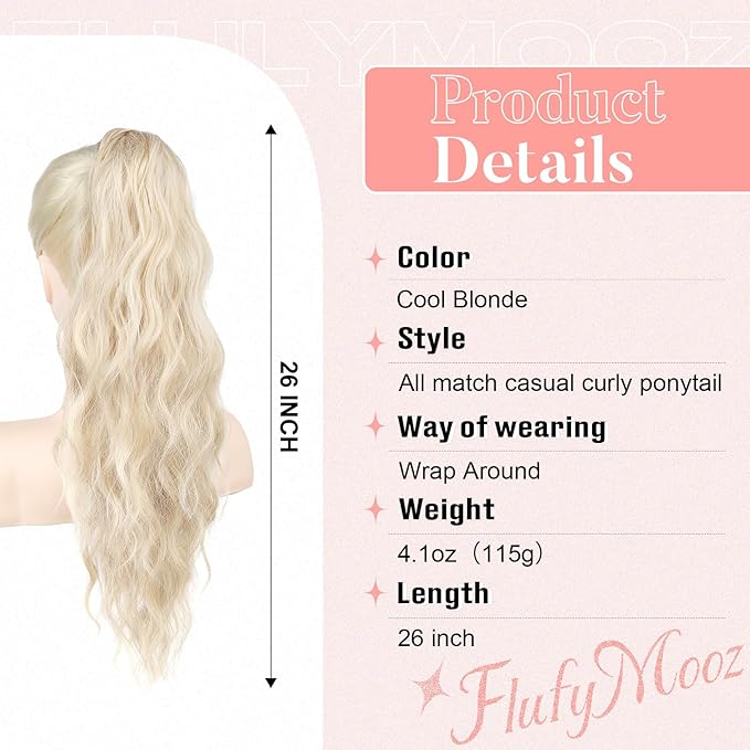 Flufymooz Ponytail Extension, Flexible Wrap Around Ponytail Extension Long Wavy Curly Ponytail Hair Extensions Natural pony tail Synthetic Hairpiece for Women 26 Inch (Cool Blonde)