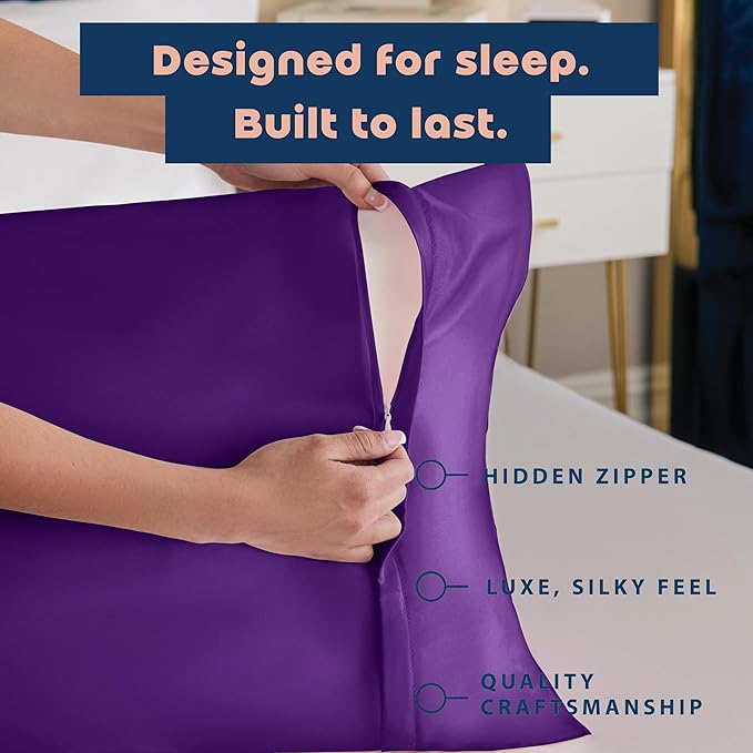 BLISSFORD Purple Satin Pillowcase with Zipper, for Hair and Skin Care, Feels Soft and Cool Like a Silk Pillowcase, Satin Pillow Cases 2 Pack, Slik Pillow Cover, Grape/Purple, Standard - Set of 2