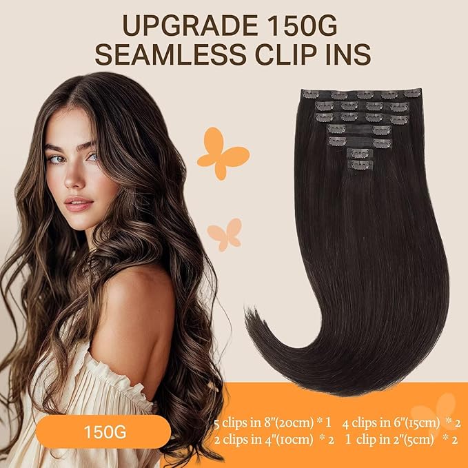 DOORES Invisible Edge Clip in Hair Extensions, Dark Brown 130g 7pcs 18 Inch, Virgin Thick Hair Extensions for Women Silky Straight Weft