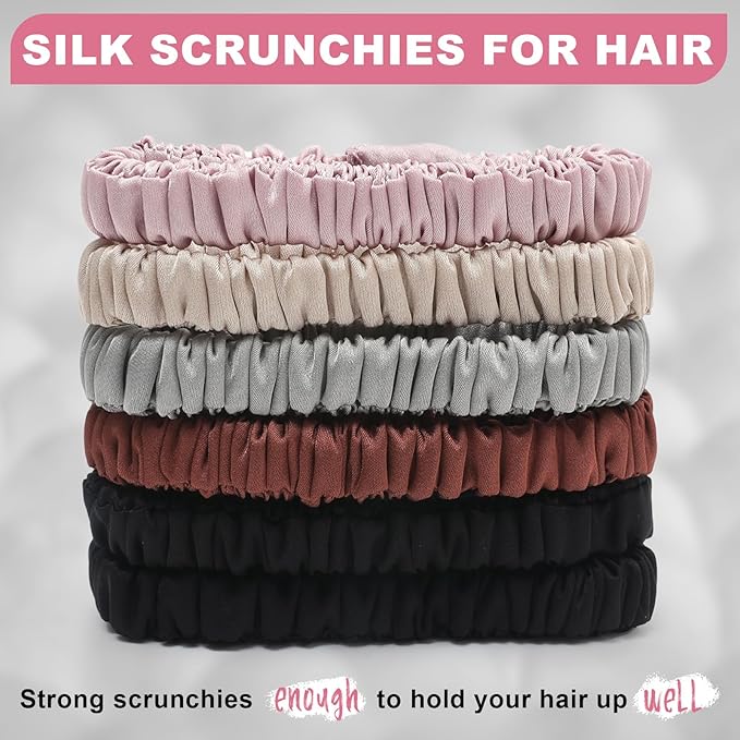 6Pcs Silk Hair Ties Small 22 Momme 100% Pure Mulberry Silk Scrunchies for Women Girls Thin Skinny Hair Sleep Scrunchies No Damage(Color 04)