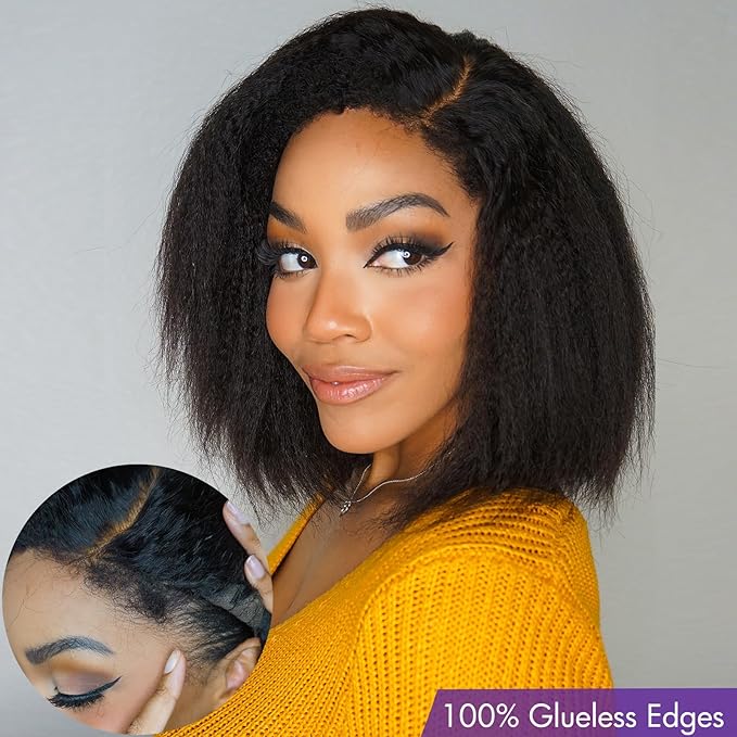 LUVME HAIR 4C Kinky Edges Lace Front Bob Wig 10 Inch Short Kinky Straight Human Hair Wig Glueless Deep Side Parted Lace Bob Wig with Natural Hairline For Women