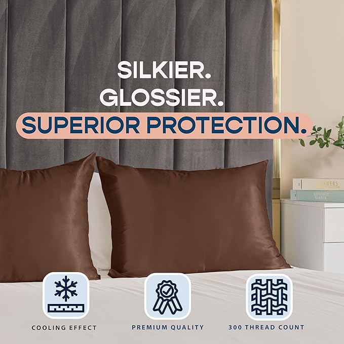BLISSFORD Brown Satin Pillowcase with Zipper, for Hair and Skin Care, Feels Soft and Cool Like a Silk Pillowcase, Satin Pillow Cases 2 Pack, Slik Pillow Cover, King Size, Set of 2