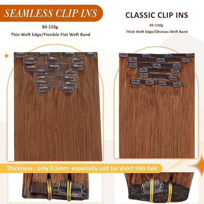 Full Shine Hair Clip in Extensions 22 Inch Copper Red Real Hair Extensions Clip in Human Hair Skin Weft Auburn Brown for Straight Add Volume 120 G 8 PCS