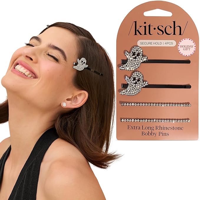 Kitsch Extra Long Metal Rhinestone Bobby Pins – Ghost Design Sparkly Hair Pins – Halloween Hair Accessories – Secure Hold Bobby Pins for Women, Festive Styling | Ideal Gifts for Women - 4pc Set