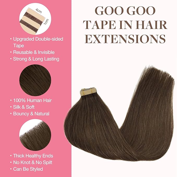 GOO GOO Tape in Hair Extensions Human Hair, 4A Chocolate Brown, 20inch 50g 20pcs, Skin Weft Seamless Invisible, Silky Straight with Thick Ends, Remy Human Hair
