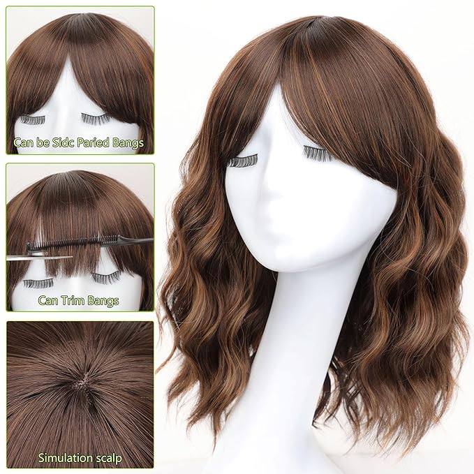 AISI HAIR Brown Mix Copper Synthetic Wavy Curly Bob Wig with Bangs Short Wavy Hair for Women Synthetic Heat Resistant Bob Wigs
