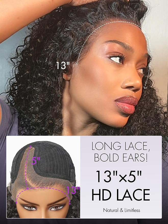 LUVME HAIR 100% Real Human Hair Wig Lace Frontal Deep Curly 16 inches Drawstring Cap Glueless HD Lace Wigs Human Hair Pre Plucked Pre Cut, Curly Wig Human Hair Ready to Go Wig