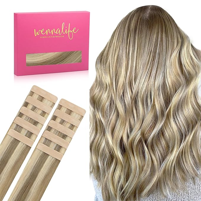WENNALIFE Tape in Hair Extensions Human Hair Ash Brown with Platinum Blonde Highlights Tape in Extensions, 10pcs 25g 16 inch Remy Invisible Tape Ins Straight Colored Soft Refill Set