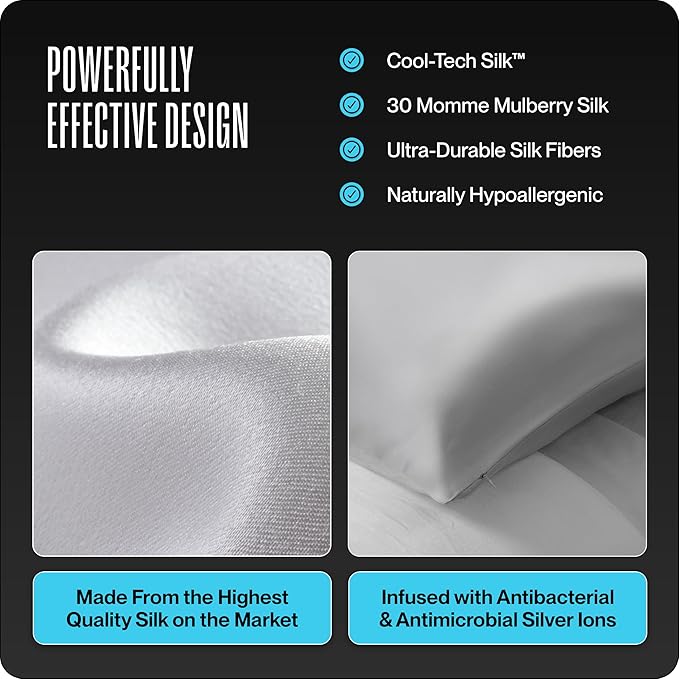 Dream Recovery Performance Silk Pillow Case with Zipper - 100% Silver Mulberry Silk Pillowcase for Hair and Skin - Naturally Cooling and Moisturizing - Standard Size - Slate