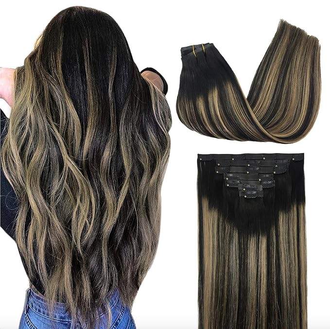 GOO GOO Clip in Hair Extensions Real Human Hair, Remy Human Hair Extensions Clip ins for Women, Natural Human Hair, 20inch 130g 7Pcs, #1B/6/1B Balayage Natural Black to Chestnut Brown