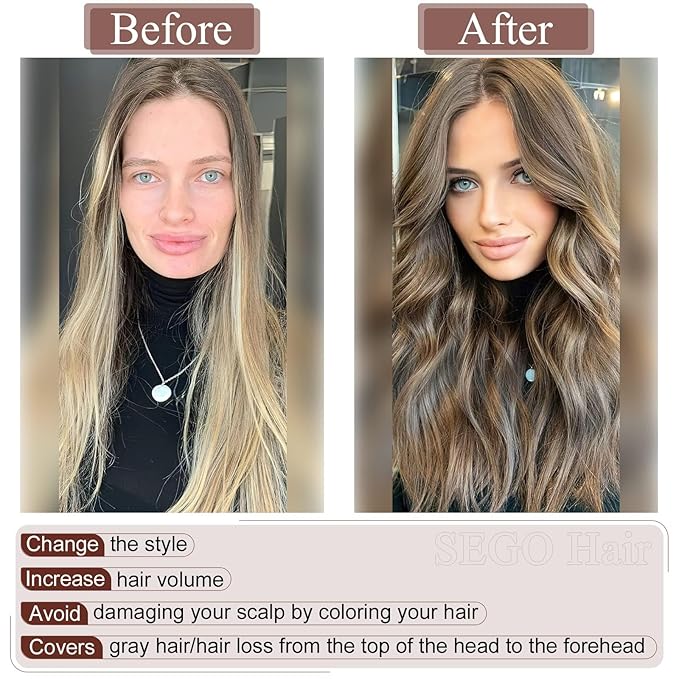 SEGO Real Human Hair Topper for Women without Bangs, Hair Topper with Anti-Slip Clips (8 Inch#4/27 Medium Brown Mix Dark Blonde)