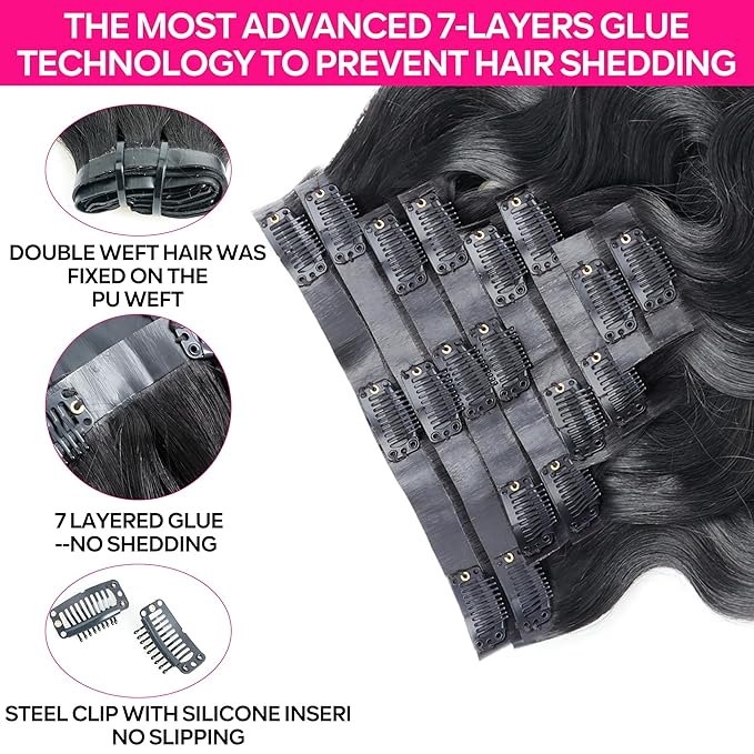 Seamless Clip in Hair Extensions Human Hair Body Wave Human Hair Clip in Extensions 8Pcs PU Clip ins Remy Hair for Women Invisible Skin Weft 18Clips 120g 20inch Natural Black