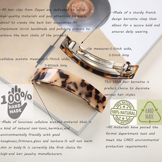 Eyegla Hair Barrettes for Women Large French Barrette Hair Clips Tortoise Shell Barrettes for Thick Hair,2 Pack