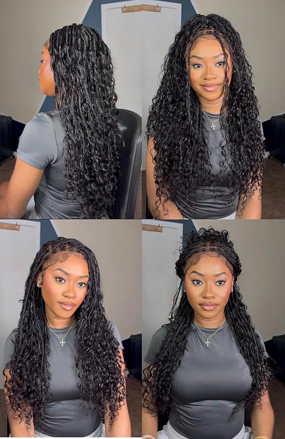 Human Hair Boho Curls Hand-Tied HD Full Lace Wig - 24" Salon-Level Small Box Synthetic Braids (121 Braids, High Density) Pre-Cut Swiss HD Lace, Pre-Plucked, Knotless, Tangle-Free - Black 1B