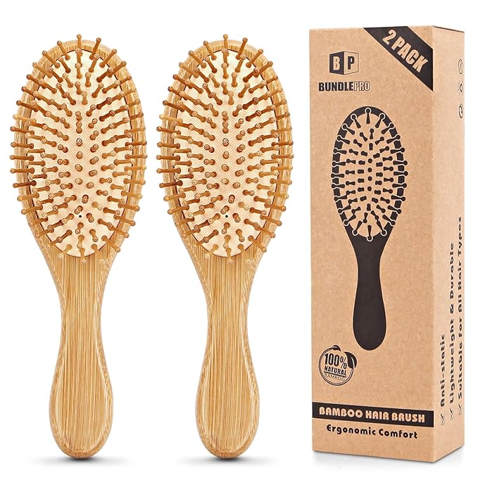 Pack of 2 Hair Brush with Natural Boar Bristles, Massages Scalp Anti-Static Hair Detangle for All Types, Lightweigh (Oval)