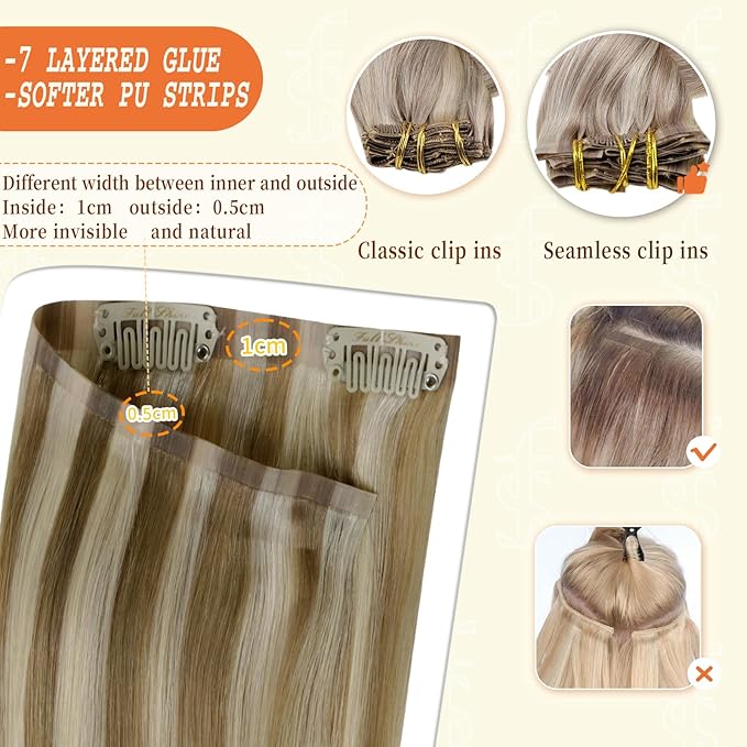 Full Shine Seamless Hair Extensions Clip ins 22 Inch Brown Highlights Clip in Extensions Light Brown Mix Platinum Blonde Remy Hair Full Head Ease of Use 8 PCS 120 G