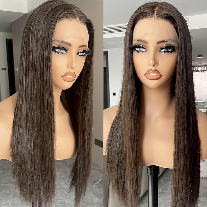Chocolate Brown Lace Front Wig, 13x4 Synthetic Lace Wigs Pre Plucked 26inch Long Straight Glueless Dark Brown Wig For Black Women Beginner Friendly Suitable For Everyday Wear