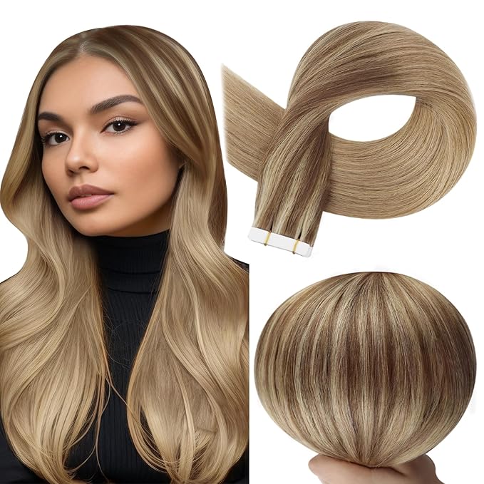 Full Shine Human Hair Tape in Extensions Color 10 Golden Brown Ombre 16 Golden Blonde Highlight 16 Blonde Seamless Invisible Tape in Hair Extensions Soft Skin Weft 16Inch 50Gram 20Pcs
