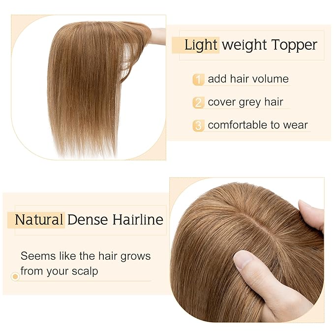 SEGO Hair Toppers for Women Real Human Hair With Bangs, 7 * 13CM Silk Base 100% Remy Human Hair Clip in Top Wiglet Hairpieces Add Volume -18 Inch Light Brown
