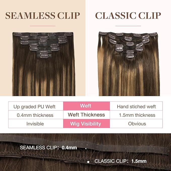 GOO GOO Clip in Hair Extensions Real Human Hair, Remy Human Hair Extensions Clip ins for Women, Natural Human Hair, 20inch 150g 7Pcs, 4/27/4 Balayage Chocolate Brown to Caramel Blonde
